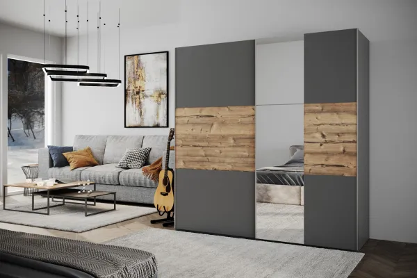 BASIA LUX 200 šatníková skriňa, grafit/smrek