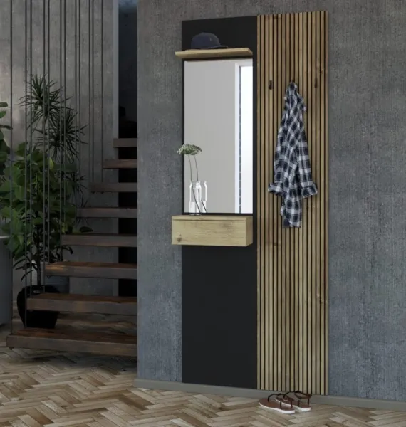 WALERIA 02 vešiakový panel s lamelami, čierny / dub Karlstad