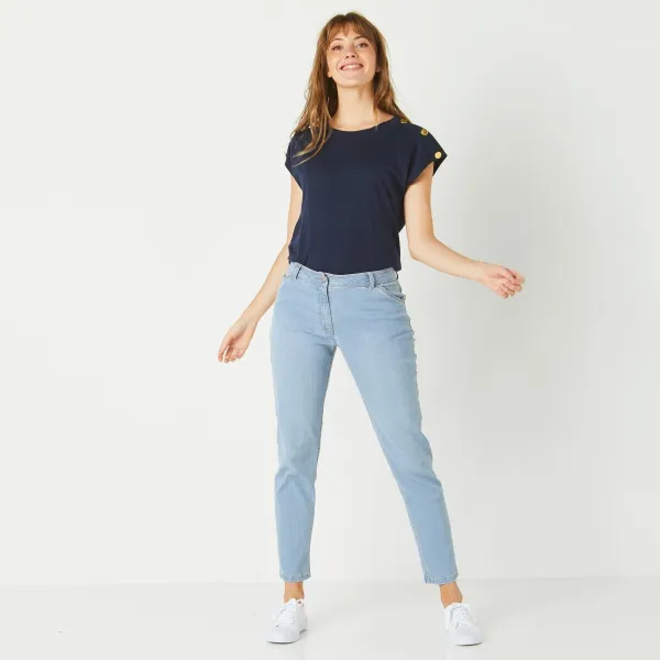 Džínsy mom, strečový denim