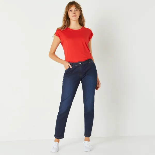 Džínsy mom, strečový denim