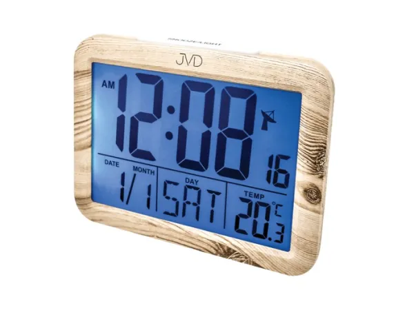Rádiom riadený digitálny budík JVD RB27.1 s teplomerom a dekorom dreva