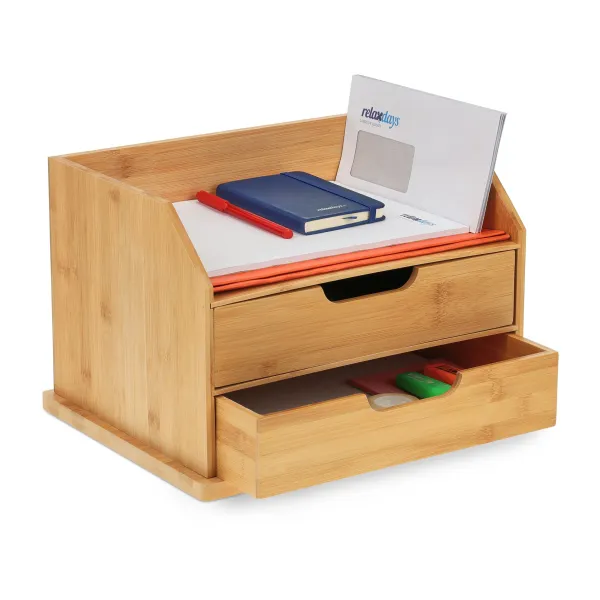 Masívny bambusový organizér na stôl RelaxDays RD39403 – 2 zásuvky, polica A4, 36 cm