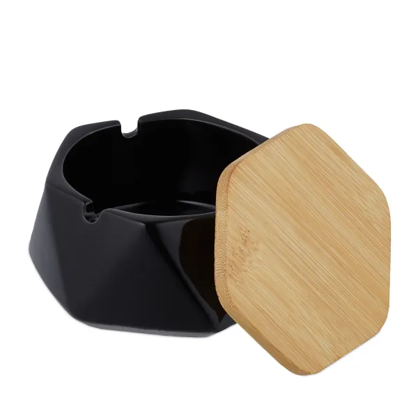 Keramický popolník s bambusovým vekom Relaxdays RD43192 – čierny, geometrický dizajn