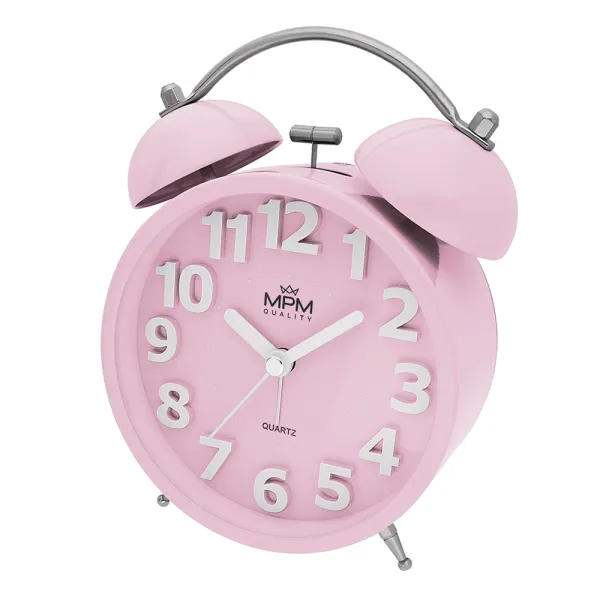 Klasický kovový budík MPM C01.4056.23 – pastelovo ružový, tichý chod, 15,5 cm