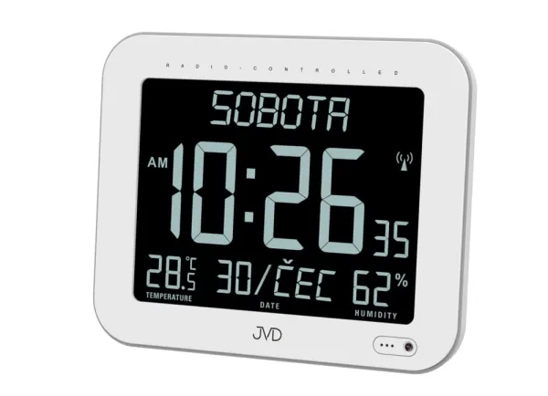 Rádiom riadené digitálne hodiny JVD DH9362.1 (22 cm) – české dni, vlhkomer, biely dizajn