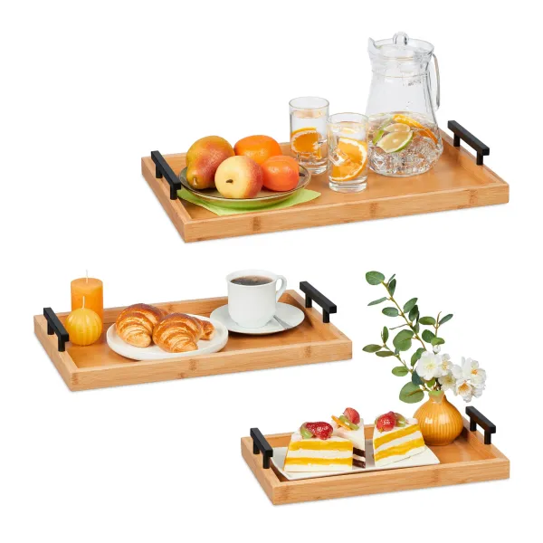 Sada 3 ks bambusových servírovacích podnosov s kovovými úchytmi Relaxdays (RD10046255)