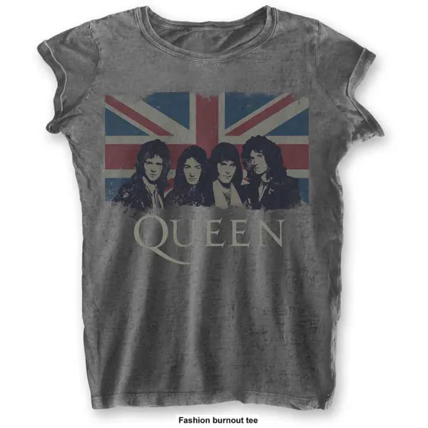 Queen – Vintage Union Jack (Šedá, Dámske, Burnout T-Shirt) (Tričko)