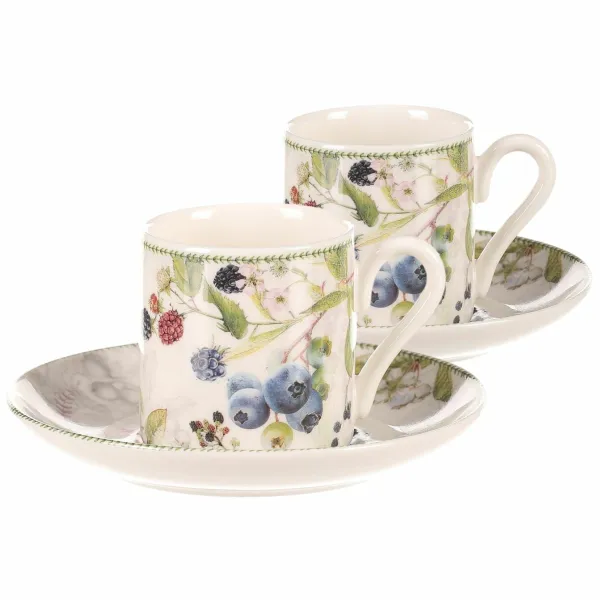 Súprava porcelánových hrnčekov s podšálkami Lesné plody, 2 ks
