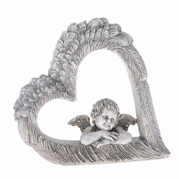 Dekorácia srdca s anjelom, šedá, polyresin, 14,5 x 13,5 x 4 cm