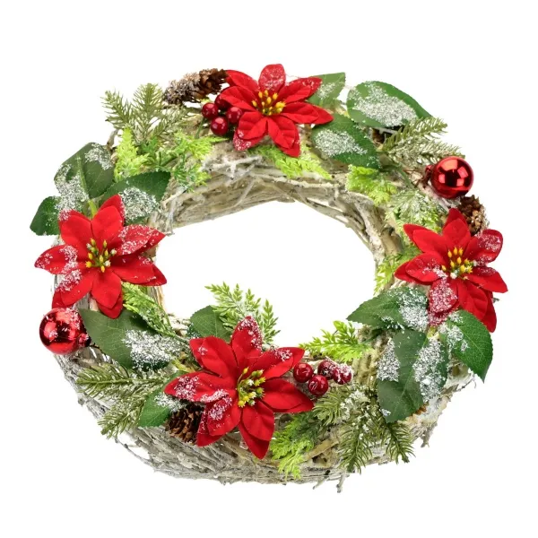 Vianočný ozdobený veniec Poinsettia a prútie, 30 cm