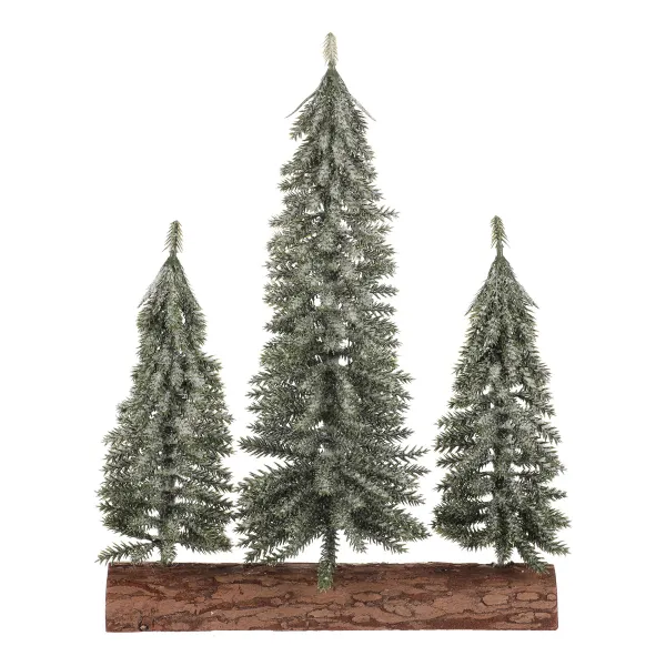 Vianočná dekorácia Smreky na kláte - trio, 34 cm, srienistý, zelená