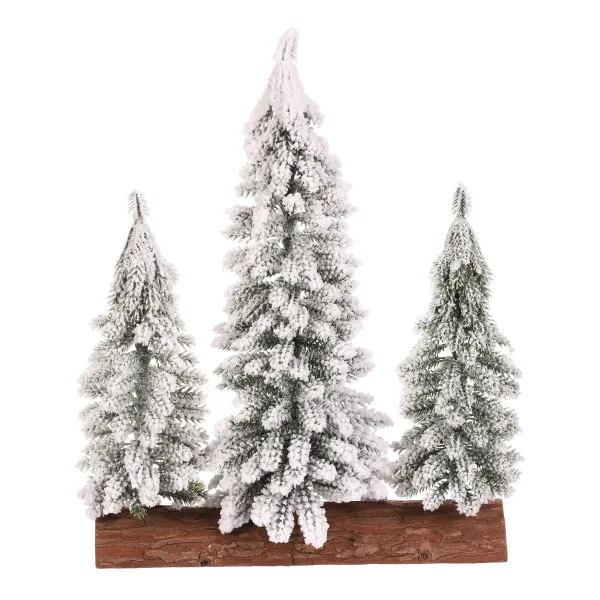 Vianočná dekorácia Stromčeky na kláte - trio, 34 cm, zasnežený