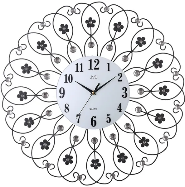 Nástenné hodiny JVD Design (60 cm) s kovovými kvietkami a kryštálmi