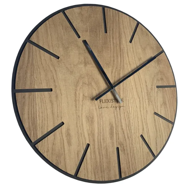 Masívne drevené hodiny FlexiStyle Wood art Flex (60 cm) – Prírodný dub a čierny HDF