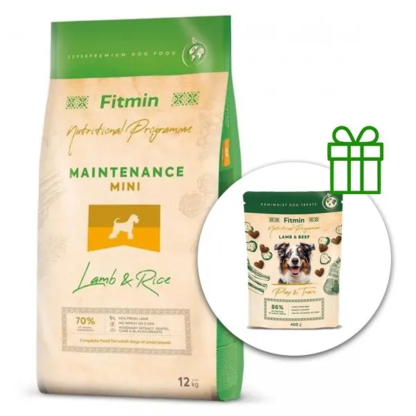 Fitmin Maintenance Mini Lamb & Rice 12 kg + Fitmin Play&Train Lamb & Beef ZADARMO