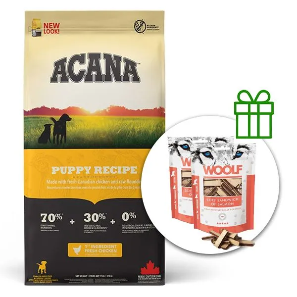 Acana Puppy Recipe 11,4 kg + 2x pamlsky ZADARMO