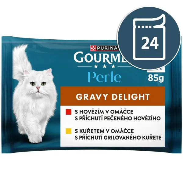 Gourmet Perle Gravy Delight kapsičky pre mačky kura, hovädzie v omáčke 24x85 g