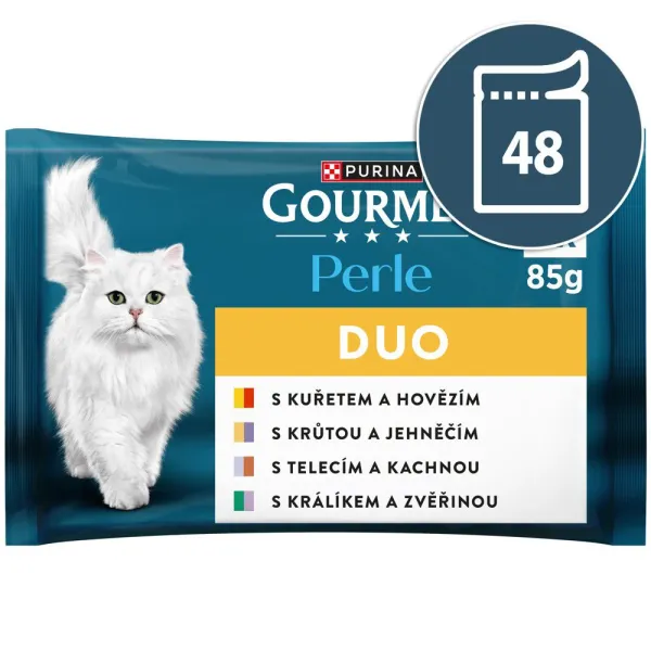 Gourmet Perle DUO kapsičky pre mačky kura a hovädzie, morka a jahňacie, teľacie a kačica, králik a divina 48x85 g