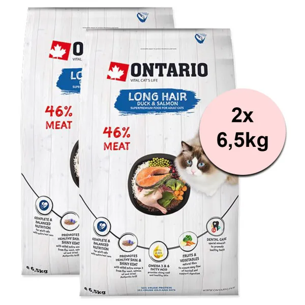 Ontario Cat Long Hair Duck & Salmon 2 x 6,5 kg