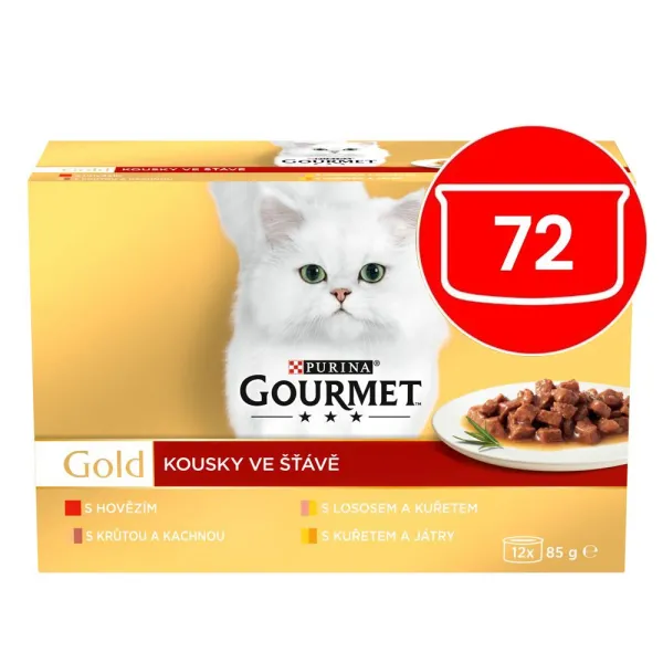Gourmet Gold konzervy pre mačky hovädzie, morka a kačica, losos a kura, kura a pečeň v šťave 72x85 g