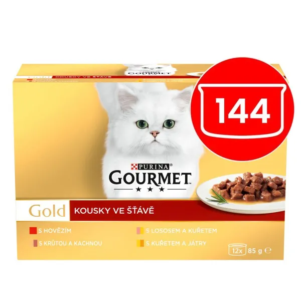 Gourmet Gold konzervy pre mačky hovädzie, morka a kačica, losos a kura, kura a pečeň v šťave 144x85 g