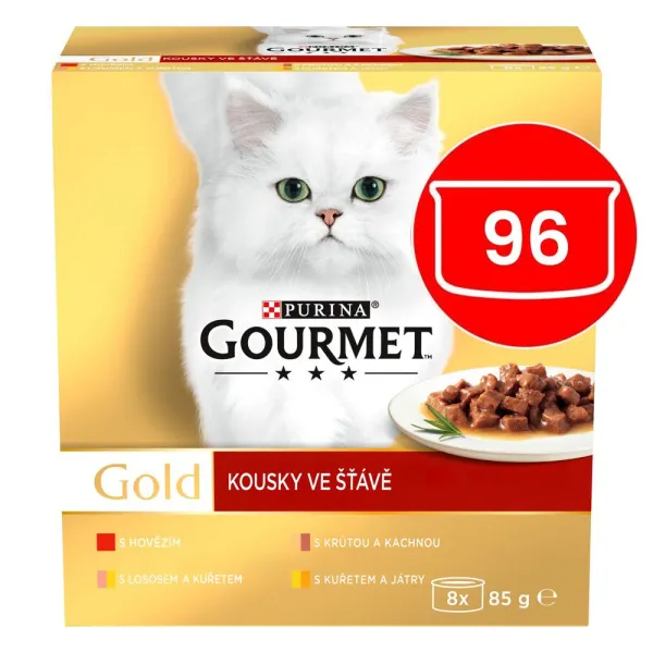 Gourmet Gold konzervy pre mačky hovädzie, morka a kačica, losos a kura, kura a pečeň v šťave 96x85 g