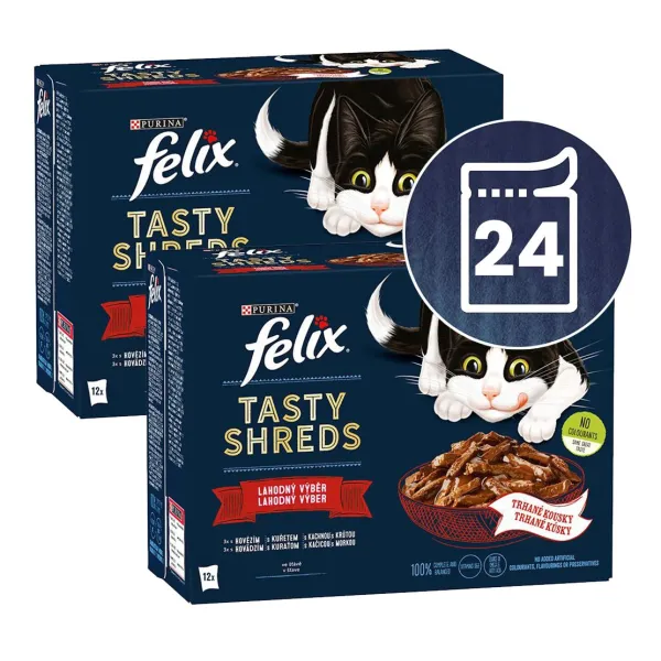 Felix Tasty Shreds kapsičky pre mačky hovädzie, kura, kačica, morka v šťave 24x80 g
