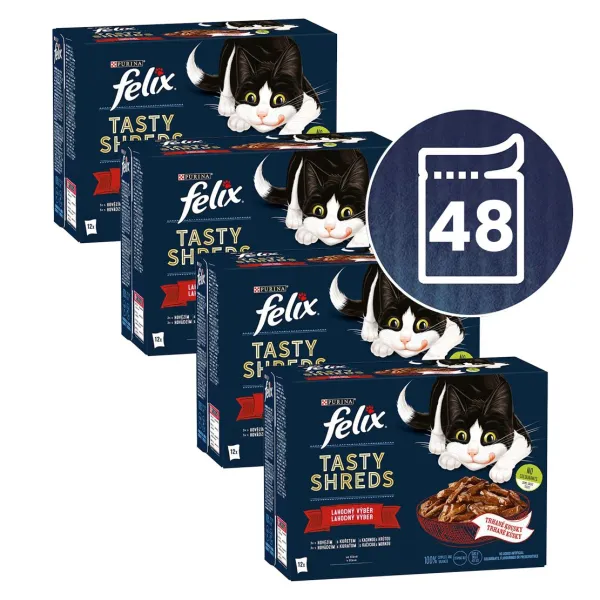 Felix Tasty Shreds kapsičky pre mačky hovädzie, kura, kačica, morka v šťave 48x80 g