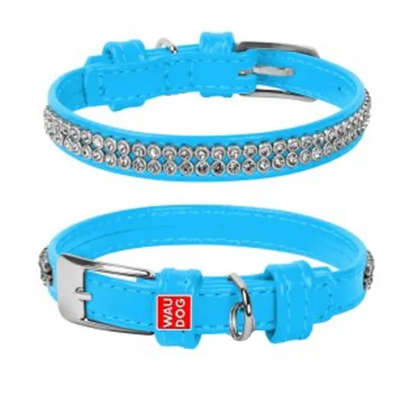 Lesklý kožený obojok s kryštálmi 18 - 21cm, 9mm - svetlomodrý
