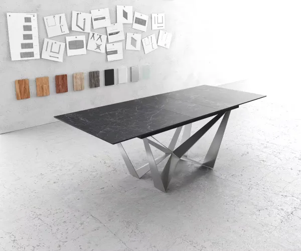 DELIFE Jedálenský stôl Edge 180-220x90 cm keramika Laminam®Nero Greco antracitová stredová podstava plochá oceľ strieborná rozkladací