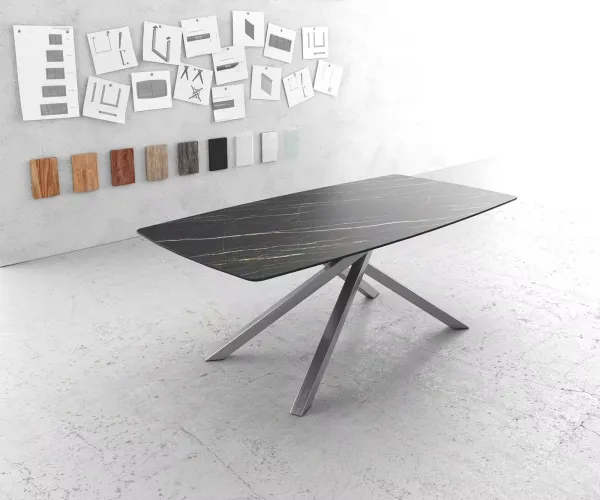 DELIFE Jedálenský stôl Edge oválny tvar 200x100 cm Laminam® keramika Noir Desir hnedá krížová podstava nerezová oceľ hranatý