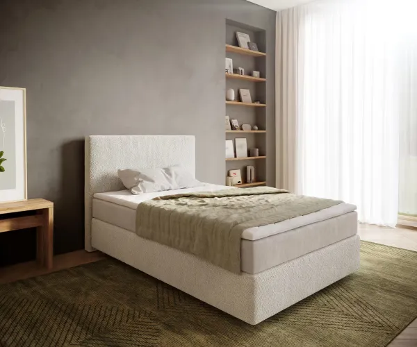 DELIFE Boxspring posteľ Dream-Well 120x200 cm bouclé krémovo biela s vreckovou pružinovou matracou a topperom visco