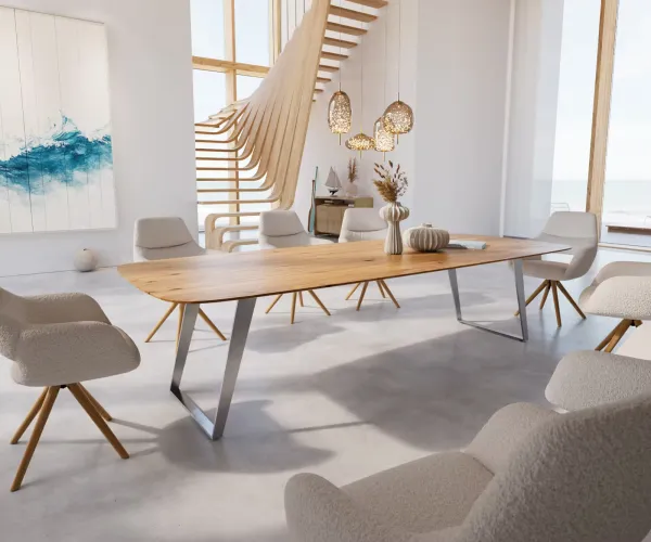 DELIFE Jedálenský stôl Edge zaoblený tvar 300x120x2,5-3 dub prírodný nerezová oceľ skosený švajčiarska hrana