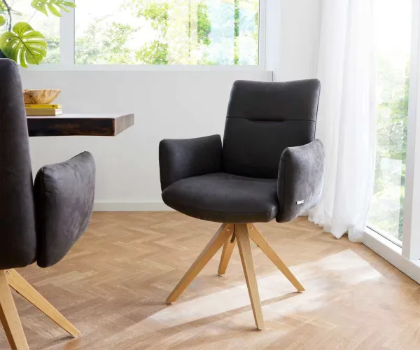 DELIFE Otočná jedálenská stolička Jova-Flex s opierkami mikrovlákno antracit vintage drevená podstava hranatá prírodná 180° otočná vrecková pružina