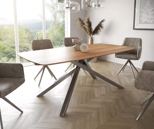 DELIFE Jedálenský stôl Edge zaoblený tvar 200x100 akácia prírodná krížová podstava obdĺžnik nerezová oceľ švajčiarska hrana