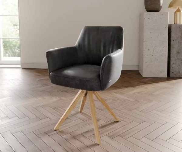 DELIFE Otočná jedálenská stolička Xana-Flex s opierkami mikrovlákno antracit vintage drevená podstava hranatá prírodná 180° otočná vrecková pružina