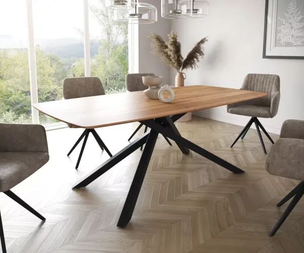 DELIFE Jedálenský stôl Edge zaoblený tvar 200x100 akácia prírodná krížová podstava obdĺžnik čierna švajčiarska hrana
