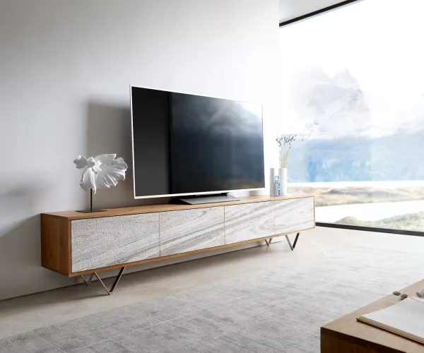 DELIFE TV stolík Kleo 220 cm akácia prírodná 4 dvierka podstava v tvare V nerezová oceľ