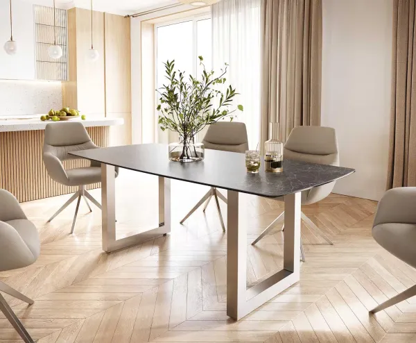 DELIFE Jedálenský stôl Edge oválny tvar 200x100 keramika Laminam® Nero Greco antracitová nerezová oceľ široký