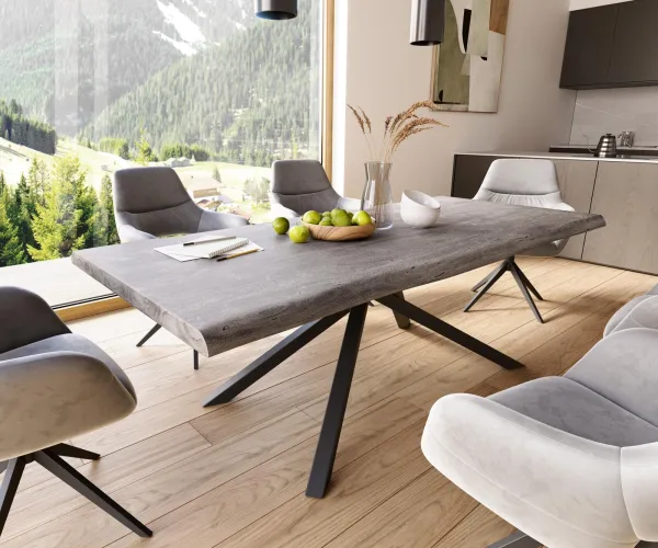 DELIFE Jedálenský stôl Edge 220x100 XL akácia platinová krížová podstava obdĺžnik čierna Live-Edge