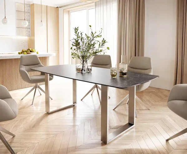 DELIFE Jedálenský stôl Edge oválny tvar 200x100 keramika Laminam® Nero Greco antracitová nerezová oceľ úzky