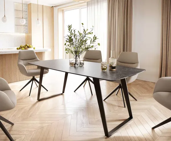 DELIFE Jedálenský stôl Edge oválny tvar 200x100 keramika Laminam® Nero Greco antracitová kov šikmý čierna