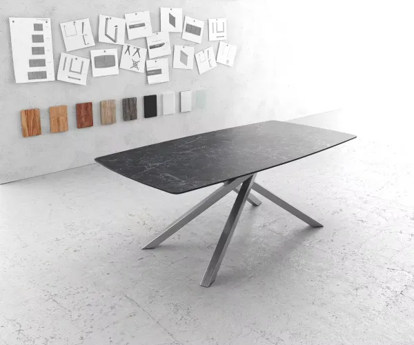 DELIFE Jedálenský stôl Edge oválny tvar 200x100 cm Laminam® keramika Nero Greco antracitová krížová podstava obdĺžniková nerezová oceľ
