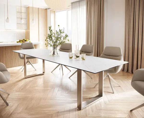 DELIFE Jedálenský stôl Edge 300x100 keramika Laminam® Statuarietto biela nerezová oceľ úzky