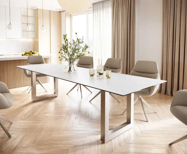 DELIFE Jedálenský stôl Edge 300x100 keramika Laminam® Statuarietto biela nerezová oceľ široký