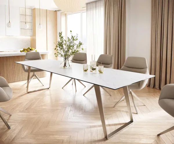 DELIFE Jedálenský stôl Edge 300x100 keramika Laminam® Statuarietto biela nerezová oceľ šikmý