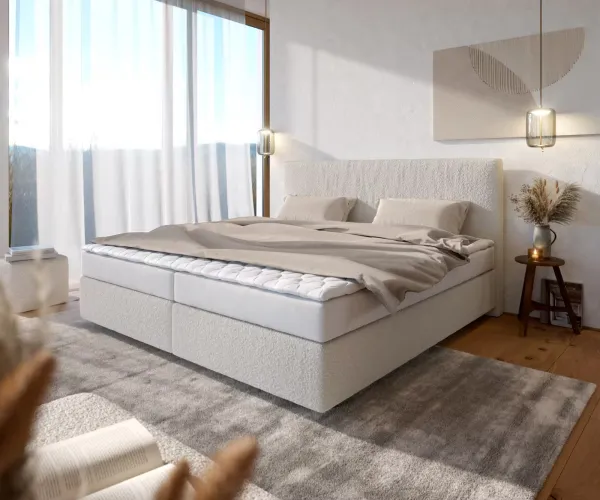 DELIFE Boxspring posteľ Dream-Well bouclé krémovo biela 200×200 cm bonellový matrac topper