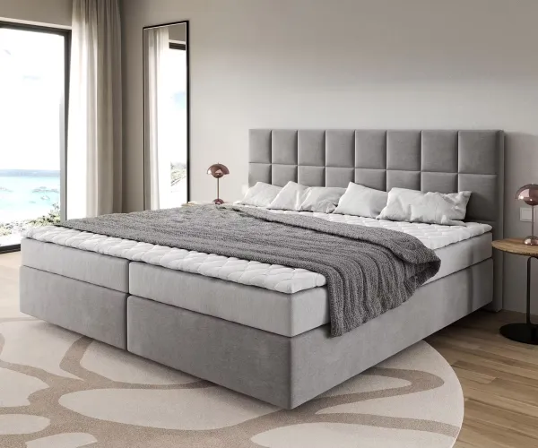DELIFE Boxspring posteľ Dream-Fine mikrovlákno sivá 200x200 cm bonellový matrac PU-topper