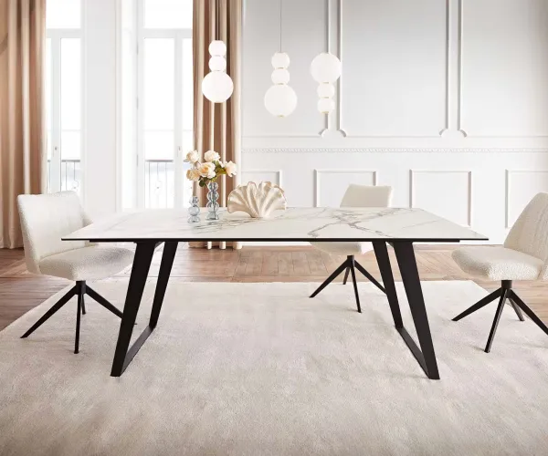 DELIFE Jedálenský stôl Edge 200x100 keramika Calacatta Luxe bielo-zlato-šedá kov šikmý čierna