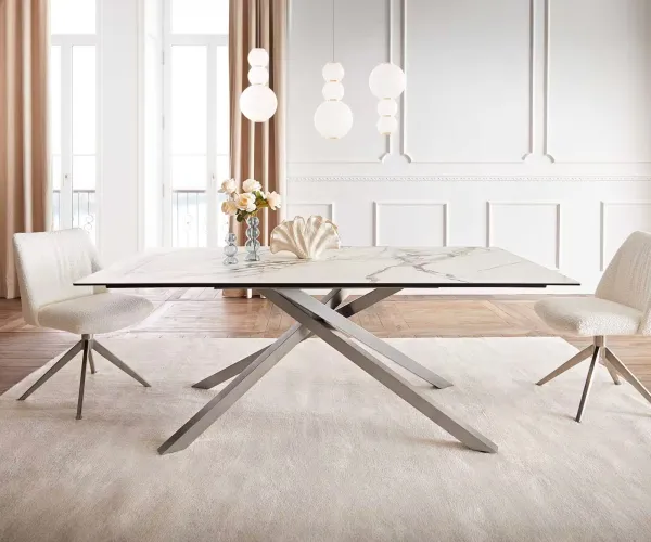 DELIFE Jedálenský stôl Edge 200x100 keramika Calacatta Luxe bielo-zlato-šedá krížová podstava obdĺžnik nerezová oceľ